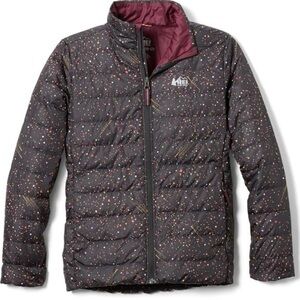 REI Co-Op Down 650 Jacket Youth Girl Black Speckled Full Zip Puffer